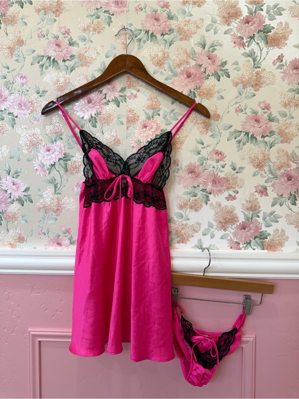 Victoria's Secret Hot Pink Satin Chemise with Black Lace